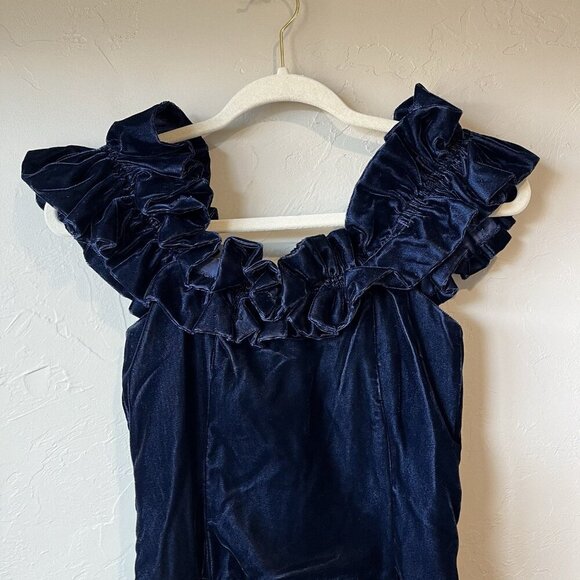 Vintage Velvet Blue Prom Event Evening Wedding Fancy Handmade Drop Waist Ruffle - Picture 5 of 7